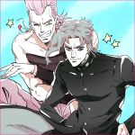  2boys earrings gakuran grey_hair jean_pierre_polnareff jewelry jojo_no_kimyou_na_bouken kakyouin_noriaki multiple_boys pink_hair r_(corolla) school_uniform 