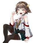  1girl bandages bandaid brown_hair closed_eyes detached_sleeves hairband hiei_(kantai_collection) highres japanese_clothes kantai_collection kuro_chairo_no_neko looking_at_viewer nontraditional_miko pantyhose personification smile solo white_background 