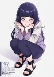  1girl black_hair black_pants blush closed_mouth commentary flying_sweatdrops full_body highres hood hood_down hoodie hotata_3 hyuuga_hinata long_hair long_sleeves looking_at_viewer naruto_(series) naruto_shippuuden no_pupils pants purple_hoodie smile solo squatting twitter_username untranslatable_commentary violet_eyes white_background 