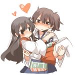  2girls akagi_(kantai_collection) black_eyes blush brown_hair carrying heart kaga_(kantai_collection) kantai_collection long_hair lowres multiple_girls princess_carry rebecca_(keinelove) short_hair side_ponytail 