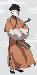  1boy brown_eyes brown_hair chinese_clothes chinese_commentary commentary_request full_body hair_bun hair_ornament hair_stick hanfu hat holding jiaoling_ruqun jin_(headwear) long_sleeves looking_at_viewer original red_eyes robe ruyi short_hair shuangju single_hair_bun solo standing yellow_eyes zhouzi_jin_(headwear) 