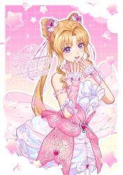  1girl arm_bow arm_warmers artist_name back_bow bare_shoulders bead_armlet blonde_hair border bow bow_in_eye bubble_skirt commentary cone_hair_bun cowboy_shot double_bun dreamtime_bestowed_(infinity_nikki) dress dress_bow english_commentary eyelashes frilled_arm_warmers frills gem gem_hair_ornament gradient_background grid_background hair_bow hair_bun hair_intakes hair_ribbon hands_on_own_chin happy heart-shaped_gem highres infinity_nikki large_bow layered_dress lipstick long_hair looking_at_viewer makeup medium_dress nail_polish nao_(sprinkanao) neck_ribbon nikki_(series) open_mouth outline parted_bangs pink_arm_warmers pink_background pink_bow pink_dress pink_gem pink_lips pink_nails pink_ribbon ribbon see-through_bow sidelocks skirt sleeveless sleeveless_dress smile solo spaghetti_strap sparkle sprinkles standing star_(symbol) striped_bow teeth twintails two-tone_background very_long_hair violet_eyes watermark wavy_hair white_border white_bow white_dress white_outline wrist_bow yellow_background 