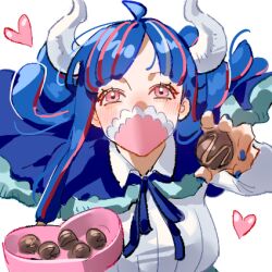  1girl ahoge blue_capelet blue_hair blush box box_of_chocolates capelet chocolate commentary food heart heart-shaped_box holding holding_chocolate holding_food horns long_hair looking_at_viewer lowres mask mouth_mask neck_ribbon one_piece pink_eyes raine_(acke2445) ribbon shirt solo ulti_(one_piece) untranslatable_commentary upper_body white_shirt 