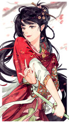  1girl \m/ absurdres black_hair blue_eyes branch broken broken_sword broken_weapon chinese_clothes chinese_commentary commentary_request crossed_arms facial_mark floating_hair flower forehead_mark hair_branch hair_bun hanfu highres holding holding_sword holding_weapon jian_(weapon) layered_sleeves long_hair long_sleeves looking_at_viewer mole mole_above_eye paper_heron red_flower red_hanfu red_lips reverse:1999 short_over_long_sleeves short_sleeves solo sword upper_body weapon white_background wvw 