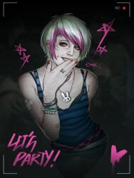  1girl ashley_graham ashley_graham_(casual) bandaid bandaid_on_arm bead_necklace beads belt blonde_hair blue_eyes bra bracelet commentary earrings english_commentary english_text face_piercing grin highres jewelry looking_at_viewer multicolored_hair necklace official_alternate_costume party piercing pink_hair pink_nails rabbit_necklace recording resident_evil resident_evil_4 resident_evil_4_(remake) short_hair short_shorts shorts smile star_(symbol) star_sticker sticker sticker_on_face tank_top two-tone_hair underwear zombiyh 