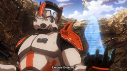  1boy armor blue_sky clone_trooper clouds commander_cody day dmitry_grozov english_text helmet highres hologram outdoors phase_ii_clone_trooper scene_reference sky spacecraft star_wars star_wars:_revenge_of_the_sith subtitled venator-class_star_destroyer 