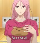  1girl bear gymnasium highres kuroko_no_basuke long_hair momoi_satsuki pink_eyes pink_hair screencap solo stitched t-shirt wood_flooring 