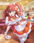 1girl ;d anna_miller blue_eyes breasts brown_hair chaki-yam cleavage food latte_art omurice open_mouth side_ponytail smile solo table thighhighs waitress white_legwear wink 