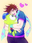  111132daiti 1boy baseball_cap blush brown_hair casual crossover hat heart hug jojo_no_kimyou_na_bouken joseph_joestar_(young) michael_wazowski monsters_inc. polka_dot_scarf scarf 