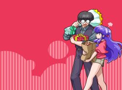  1boy 1girl bag bell black_pants bouquet bow box coke-bottle_glasses collared_shirt commentary_request double_bun gift gift_box glasses grocery_bag hair_bell hair_bow hair_bun hair_ornament holding holding_bouquet long_hair mousse_(ranma_1/2) pants pink_background purple_hair ranma_1/2 red_bow shampoo_(ranma_1/2) shirt shopping_bag shorts sidelocks vest wanta_(futoshi) 