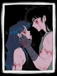  1boy 1girl bandaged_hand bandages black_hair blood blood_on_arm blood_on_face blue_hair earrings fanfiction_available garnel_(letsgotomato11) hand_on_another's_chin height_difference hetero highres jewelry long_hair muscular muscular_male orange_eyes parted_lips ranma_1/2 saotome_ranma tendou_akane 
