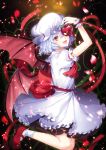  1girl apple arm_up ascot bat_wings blue_hair dress fang food fruit light_particles looking_at_viewer mob_cap open_mouth petals philomelalilium pink_eyes puffy_sleeves red_shoes remilia_scarlet sash shoes short_sleeves smile solo touhou white_dress wings wrist_cuffs 