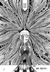  absurdres black_bow bow card_(medium) detached_sleeves dress frilled_dress frills greyscale hair_bow high_collar highres long_hair mahou_shoujo_madoka_magica monochrome one_eye_covered own_hands_together rigel0310 roman_numeral sakura_kyoko sakura_kyoko_(magical_girl) sleeveless sleeveless_dress tarot tarot_(medium) the_high_priestess_(tarot) very_long_hair 