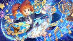  1girl :d beamed_eighth_notes beamed_sixteenth_notes blue_eyes blue_jacket bow bowtie card_commentary commentary_request eighth_note game_cg hair_intakes holding holding_wand idolmaster idolmaster_(classic) idolmaster_million_live! idolmaster_million_live!_theater_days instrument jacket juliet_sleeves long_sleeves musical_note musical_note_print musical_staff musical_staff_print official_alternate_costume official_art open_mouth orange_hair print_skirt puffy_sleeves quarter_note skirt smile solo star_(symbol) takatsuki_yayoi third-party_source trumpet twintails wand white_skirt 