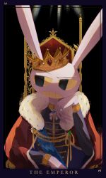  1boy aiguillette animal_ears black_background blue_ribbon blue_shirt card_(medium) coat colored_skin colored_teeth commentary crown english_commentary fur-trimmed_coat fur_trim head_rest high_collar highres jax_(the_amazing_digital_circus) jewelry long_sleeves looking_to_the_side purple_skin rabbit_boy rabbit_ears red_coat ribbon ring shirt simple_background solo tarot tarot_(medium) the_amazing_digital_circus the_emperor_(tarot) throne tyty_nii upper_body yellow_eyes yellow_teeth 