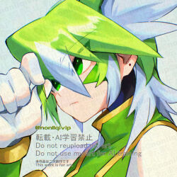  1boy armor close-up commentary_request facial_mark green_armor green_eyes green_hair grey_background male_focus mega_man_(series) mega_man_zero_(series) missing_headwear multicolored_hair sage_harpuia_(mega_man) solo streaked_hair two-tone_hair white_hair yamanashi_taiki 