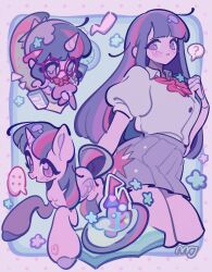  2girls ? absurdres blue_background bow bowtie breasts chibi collared_shirt cropped_legs dress dual_persona grey_skirt hand_up highres legs_together long_hair looking_at_viewer medium_breasts miniskirt multicolored_hair multiple_girls multiple_views my_little_pony my_little_pony:_equestria_girls my_little_pony:_friendship_is_magic no_mouth no_nose no_pupils pencil_behind_ear pink_bow pink_bowtie pleated_skirt polka_dot polka_dot_background ponytail purple-framed_eyewear purple_background purple_dress purple_hair purple_socks round_eyewear sci-twi shirt short_sleeves skirt socks spoken_question_mark standing straight_hair streaked_hair tail thick_outlines twilight_sparkle twilight_sparkle_(human) unicorn violet_eyes white_shirt yanyannonoz 