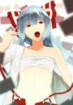  1girl absurdres awa_(3anco00) bandages bare_shoulders bow bust cigarette collarbone fujiwara_no_mokou hair_bow highres long_hair looking_at_viewer navel off_shoulder open_clothes open_mouth open_shirt red_eyes sarashi silver_hair solo suspenders tongue tongue_out touhou very_long_hair 