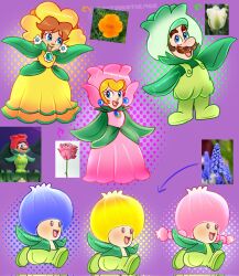  3girls 4boys alternate_costume arrow_(symbol) blonde_hair blue_eyes blue_flower brown_hair commentary earrings english_commentary facial_hair flower flower_costume flower_luigi flower_mario green_overalls highres jewelry luigi mario multiple_boys multiple_girls mustache natsukothemun official_alternate_costume orange_flower overalls photo_inset pink_flower pink_rose princess_daisy princess_peach rose screenshot_inset sphere_earrings super_mario_bros. super_mario_bros._wonder toad_(mario) toadette 