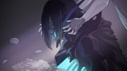  1boy 1girl armor black_armor black_cloak black_hair bouquet c3ure cloak commentary_request falling_petals fingerless_gloves fire_emblem fire_emblem_heroes flower fur_cloak gloves hair_over_one_eye highres holding holding_bouquet lif_(fire_emblem) mask medium_hair mouth_mask muzzle_(mask) petals rose upper_body veronica_(fire_emblem) white_flower white_petals white_rose 