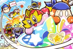  armor bandana bandana_waddle_dee beanie blue_bandana blue_hat blue_sky blush_stickers bow bowtie buddy_star_blaster channel_ppp colored_skin comedic_sweatdrop commentary_request emphasis_lines explosion flying_sweatdrops gem_apple hat king_dedede kirby kirby_(series) kirby_fighters_2 luchador_mask magolor mask meta_knight official_art open_mouth pauldrons pink_skin polearm rayman_limbs red_bow red_bowtie shoulder_armor sketchbook sky sparkle spear star_(symbol) waddle_dee weapon wrestler_kirby 