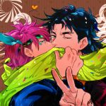  2boys aqua_eyes black_hair brown_background caesar_anthonio_zeppeli covered_mouth facial_mark feathers hair_feathers headband heart jojo_no_kimyou_na_bouken joseph_joestar_(young) kiss looking_at_viewer mullet multiple_boys oreha00701 pink_hair polka_dot polka_dot_background scarf shared_scarf simple_background v wink yaoi 