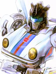 assault_visor autobot black_helmet helmet highres humanoid_robot insignia jazz_(transformers) mecha no_humans porsche_935 robot s5-hvs1 solo transformers transformers:_generation_1 upper_body wheel white_background 