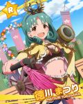  &gt;:d 1girl :d armor brown_eyes character_name green_hair hair_ornament idolmaster idolmaster_million_live! japanese_clothes looking_at_viewer navel official_art open_mouth smile tokugawa_matsuri 