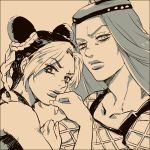  1boy 1girl double_bun hat jojo_no_kimyou_na_bouken kuujou_jolyne long_hair monochrome narciso_anasui r_(corolla) 