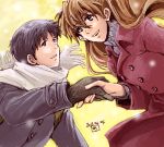  1boy 1girl amelie black_hair blue_eyes brown_hair grey_eyes ikari_shinji jacket long_hair mittens neon_genesis_evangelion open_mouth scarf smile souryuu_asuka_langley spoilers 