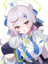  1girl beatrixa_(stella_sora) black_gloves blue_necktie chestnut_mouth collared_shirt commentary_request crossed_bangs gloves grey_hair hair_between_eyes hair_ornament half_gloves halo hands_up highres holding holding_stethoscope long_hair long_sleeves looking_at_viewer necktie nomuchoco parted_lips red_eyes shirt solo stella_sora stethoscope upper_body wing_collar x_hair_ornament 