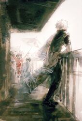  1girl 2boys arms_up black_boots black_hair black_pants boots commentary english_commentary gintama hadanugi_dousa highres holding holding_umbrella japanese_clothes kagura_(gintama) kimono long_sleeves lushu_kuye multiple_boys open_clothes open_kimono outdoors pants railing red_pants sakata_gintoki shimura_shinpachi short_hair short_sleeves smile umbrella white_hair 