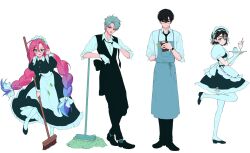  2boys 2girls alien_stage apron aqua_apron black_apron black_dress black_eyes black_hair black_necktie black_shoes blue_hair bow braid broom clipboard closed_mouth collared_shirt commentary dress fang fang_out food gelatin glasses gloves gradient_hair green_eyes grey_hair hair_bow highres holding holding_broom holding_clipboard holding_tray ivan_(alien_stage) juliet_sleeves long_dress long_sleeves maid maid_apron maid_headdress mizi_(alien_stage) mop multicolored_hair multiple_boys multiple_girls necktie official_alternate_costume open_mouth pantyhose parfait pink_hair puffy_sleeves red_pupils shirt shoes short_hair sua_(alien_stage) till_(alien_stage) tray twin_braids two-tone_hair very_short_hair violet_eyes watch watch white_apron white_background white_bow white_gloves white_pantyhose white_shirt ziqua92 
