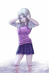  1girl akamatsu_kaede blonde_hair breasts collared_shirt commentary_request cowboy_shot danganronpa_(series) danganronpa_v3:_killing_harmony expressionless hair_ornament hairclip hands_on_own_head highres knees large_breasts long_hair miniskirt musical_note musical_note_hair_ornament musical_note_print musical_staff necktie no_ahoge orange_necktie parted_lips pink_vest pleated_skirt pointy_nose print_skirt purple_skirt reflection reflective_liquid ripples shirt shiruko_(mikan4649) sidelocks simple_background skirt sleeves_rolled_up solo sweater_vest vest violet_eyes wading water wet white_background white_shirt 