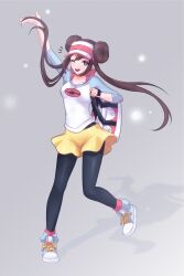  1girl ;d ameyumei arm_up black_pantyhose blue_eyes blue_shoes bright_pupils brown_hair commentary double_bun eyelashes full_body grey_background hair_bun happy highres holding_strap long_hair notice_lines one_eye_closed open_mouth pantyhose pink_socks pokemon pokemon_bw2 raglan_sleeves rosa_(pokemon) shirt shoes shorts smile socks solo teeth twintails untranslatable_commentary upper_teeth_only visor_cap white_pupils yellow_shorts 