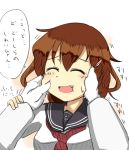  1boy 1girl :d admiral_(kantai_collection) brown_hair comic fang hand_on_another&#039;s_face ikazuchi_(kantai_collection) kantai_collection naval_uniform open_mouth personification school_uniform serafuku smile translated white_background 