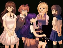  5girls absurdres ahoge akamatsu_kaede artist_name black_background black_socks black_sweater_vest blonde_hair blue_eyes blue_skirt bow breasts brown_eyes brown_hair character_request closed_mouth collarbone collared_shirt copyright_request danganronpa_(series) doki_doki_literature_club doki_doki_literature_club_school_uniform dress hair_bow hair_ornament hairclip highres instrument kneehighs looking_at_another mari_(headspace)_(omori) mari_(omori) minpupunkun multiple_girls omori open_mouth piano pleated_skirt purple_hair red_bow red_skirt sayori_(doki_doki_literature_club) school_uniform shirt short_hair short_sleeves simple_background sitting skirt small_breasts socks sweater_vest teeth twitter_username upper_teeth_only white_dress white_shirt 