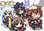  4girls akatsuki_(kantai_collection) animal_ears black_hair black_legwear blonde_hair blue_eyes blue_hair blush brown_eyes brown_hair cat_ears cat_tail chibi double_bun hair_ornament hairclip hat hibiki_(kantai_collection) ikazuchi_(kantai_collection) inazuma_(kantai_collection) kantai_collection long_hair multiple_girls open_mouth oshiruko_(uminekotei) pantyhose personification pleated_skirt school_uniform serafuku short_hair silver_hair skirt tail translated 