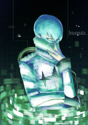  1boy adjusting_eyewear aqua_eyes aqua_hair character_name commentary_request english_text fur-trimmed_collar fur_trim glasses hair_between_eyes high_collar hologram inumuta_houka kill_la_kill long_sleeves looking_at_viewer opaque_glasses partial_commentary patterned_background school_uniform shirt shishidoshido short_hair shoulder_spikes solo spikes upper_body white_shirt wire 