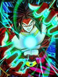  1boy black_border black_hair blue_background body_fur border broly_(dragon_ball_z) commentary_request cowboy_shot dragon_ball dragon_ball_heroes dragon_ball_z earrings energy_ball highres jewelry male_focus muscular muscular_male no_sclera powering_up red_fur shin_(mrgt2288) solo spiky_hair super_saiyan super_saiyan_4 topless_male 