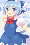 1girl 3535carrot animal_ears blue_dress blue_eyes blue_hair bow cat_ears cat_tail cirno dress fang hair_bow heart heart-shaped_pupils ice ice_wings kemonomimi_mode looking_at_viewer open_mouth puffy_sleeves shirt short_sleeves smile solo symbol-shaped_pupils tail touhou wings 
