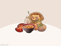  ajirogasa animal animal_focus artist_name blush bottle bowl commentary_request drunk food food_focus green_vest grey_background hat hebaroda03 highres mussel no_humans original sake_bottle sitting soup squeans tanuki two-tone_background vest white_background 