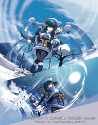  3girls artist_name black_hair black_pantyhose black_shirt blue_boots blue_hat blue_kimono blue_skirt blue_sky boots bow capelet closed_mouth clouds cloudy_sky commentary_request copyright_notice cut-in duel_masters fairy fur-trimmed_boots fur-trimmed_capelet fur-trimmed_gloves fur_trim giant giantess gloves golf golf_club green_hat hair_bow hair_over_eyes hat highres holding holding_golf_club icing_faerie japanese_clothes kimono kimono_skirt long_hair low_twintails mountain multicolored_hat multicolored_kimono multiple_girls multiple_views obi obi_bow official_art pantyhose pink_hair playing_sports purple_hair sash shirt shirt_under_kimono skirt sky snow snowball tokiti tree twintails white_gloves white_hat white_kimono yellow_bow yellow_kimono 