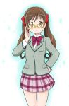  1girl bakusai blazer bow brown_eyes brown_hair glasses hand_on_hip long_hair plaid plaid_skirt precure precure_all_stars_new_stage:_mirai_no_tomodachi sakagami_ayumi school_uniform skirt smile solo twintails yellow-framed_glasses 