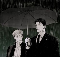  2boys bag collared_shirt commentary gakuran greyscale height_difference highres higuruma_hiromi holding holding_umbrella itadori_yuuji jacket jujutsu_kaisen looking_at_another male_focus monochrome multiple_boys necktie rain rylmee2 scar scar_on_face scar_on_forehead school_uniform shared_umbrella shirt short_hair shoulder_bag umbrella untranslatable_commentary upper_body 