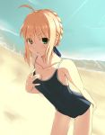  1girl absurdres ahoge bare_shoulders beach blonde_hair blush breasts centon_(736023681) cleavage clothed_navel fate/stay_night fate_(series) green_eyes hair_ribbon highres ocean one-piece_swimsuit ribbon saber solo swimsuit water wet 