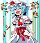  1girl blue_hair brooch capelet closed_eyes e.o. fang hat hat_ribbon highres jewelry remilia_scarlet ribbon screaming solo touhou 