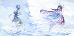  2girls absurdres automaton_(object) bare_shoulders barefoot black_collar black_hair black_sleeves blush bonnet breasts brown_hair chinese_commentary closed_eyes closed_mouth collar colored_inner_hair columbina_(genshin_impact) commentary_request detached_collar detached_sleeves donut_hair_bun dress eye_mask fatui_coat floating_hair flying frilled_dress frilled_sleeves frills full_body gem genshin_impact gloves gradient_hair hair_bun hair_ornament head_wings headdress highres huqu_(huqu45712) invisible_shoes long_hair long_sleeves looking_at_another looking_back maid_headdress mask multicolored_hair multiple_girls multiple_wings no_shoes outdoors own_hands_together pantyhose praying purple_hair purple_streaks red_gem ribbon sandrone_(genshin_impact) see-through_clothes see-through_mask short_hair_with_long_locks simple_background single_hair_bun smile snow snowing streaked_hair two-tone_hair unusually_open_eyes very_long_hair violet_eyes white_dress white_headdress white_mask white_pantyhose white_wings wide_sleeves wind winding_key wing_hair_ornament wings wrist_bow x-shaped_eyewear 