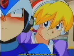  1990s_(style) 1boy 1girl alia_(mega_man) android armor blue_armor blue_eyes blue_helmet blush closed_mouth embarrassed english_commentary faux_retro_artstyle forehead_jewel frown green_eyes hair_between_eyes headset helmet highres indoors looking_at_another lueduar mega_man_(series) mega_man_x_(series) navigator puffy_short_sleeves puffy_sleeves purple_sailor_collar purple_serafuku purple_shirt retro_artstyle robot robot_girl sailor_collar school_uniform serafuku shirt short_hair short_sleeves smile summer_uniform surprised tracen_school_uniform umamusume upper_body x_(mega_man) 