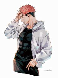  1boy 28cg absurdres arm_up black_hair black_pants black_shirt brown_eyes collarbone covered_abs covered_pectorals grey_jacket hand_on_own_head highres itadori_yuuji jacket jujutsu_kaisen jujutsu_kaisen_modulo long_sleeves looking_down male_focus multicolored_hair open_clothes open_jacket pants parted_lips pectorals pink_hair profile scar scar_on_face shirt short_sideburns sideburns signature simple_background solo two-tone_hair white_background 
